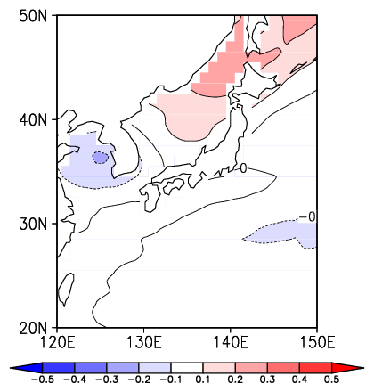 日本近海の海面水温の十年規模の２番目に卓越する変動の分布