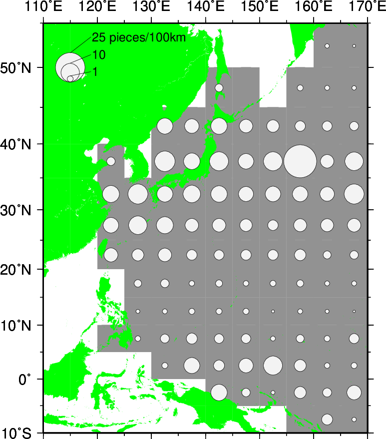 図　航走100kmあたりの発見個数の水平分布（1991～2020年）