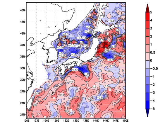 海面～100m月平均表層水温偏差分布