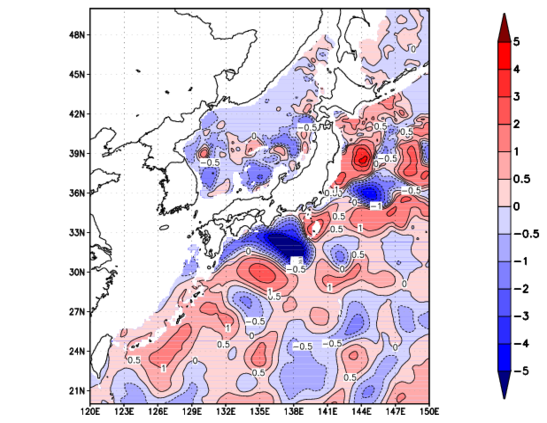 海面～740m月平均表層水温偏差分布