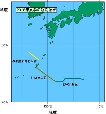 九州・沖縄海域(2016年夏季)の観測線図