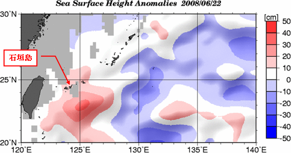 南西諸島における海面高度偏差(6月22日現在)