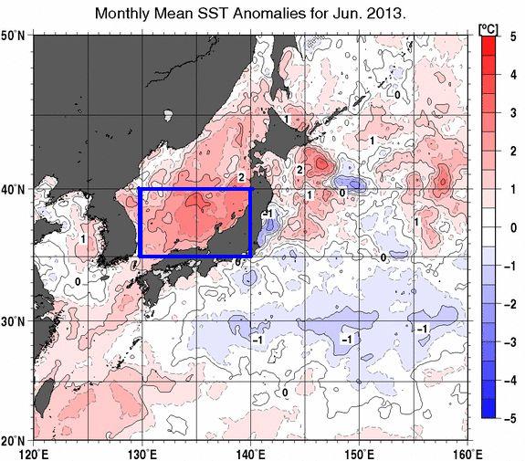 2013年6月の月平均海面水温の平年差の分布