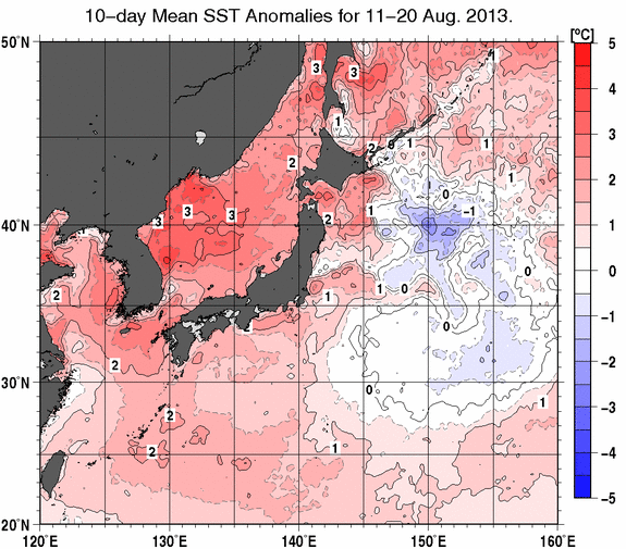 2013年8月中旬の旬平均海面水温の平年差の分布
