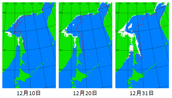 オホーツク海のの海氷分布図（2013年12月）