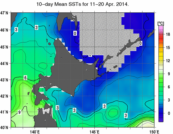 旬平均海面水温分布図（2014年4月中旬）