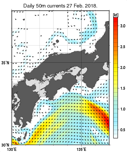近畿・中国・四国周辺海域の深さ50mの海流分布図（2月27日）