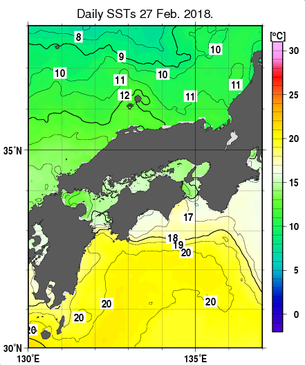 近畿・中国・四国周辺海域の海面水温分布図（2月27日）