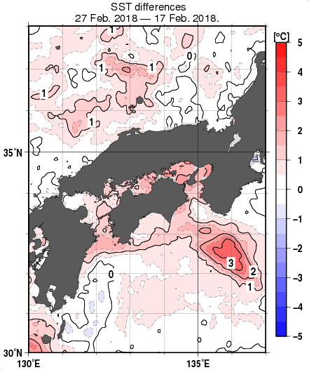 近畿・中国・四国周辺海域の10日間の海面水温変化量分布図（2月27日）