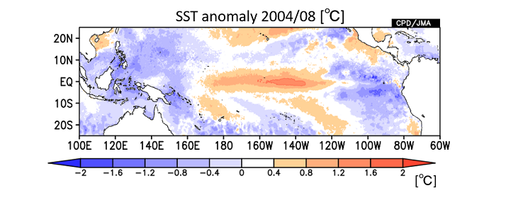 エルニーニョもどきが発生したとされる2004年８月の海面水温偏差分布図