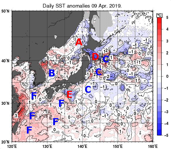 日本近海の海面水温平年差分布図（4月9日）