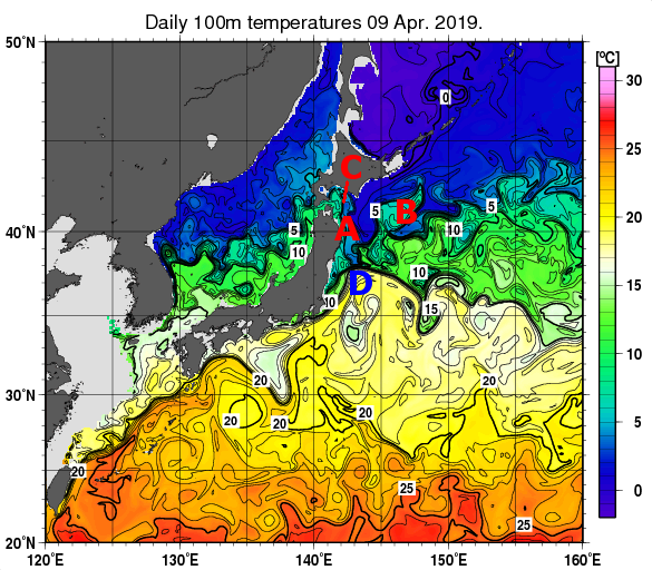 日本近海の深さ100mの水温分布図（4月9日）