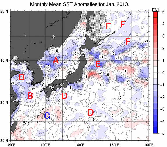 日本近海の月平均海面水温平年差分布図（2013年1月）