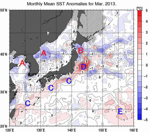日本近海の月平均海面水温平年差分布図（2013年3月）