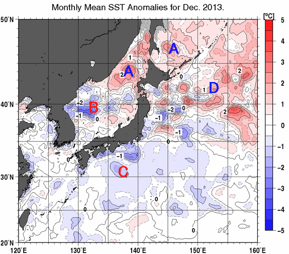 日本近海の月平均海面水温平年差分布図（2013年12月）