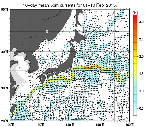 日本近海の深さ50mの旬平均海流分布図（2015年2月上旬）