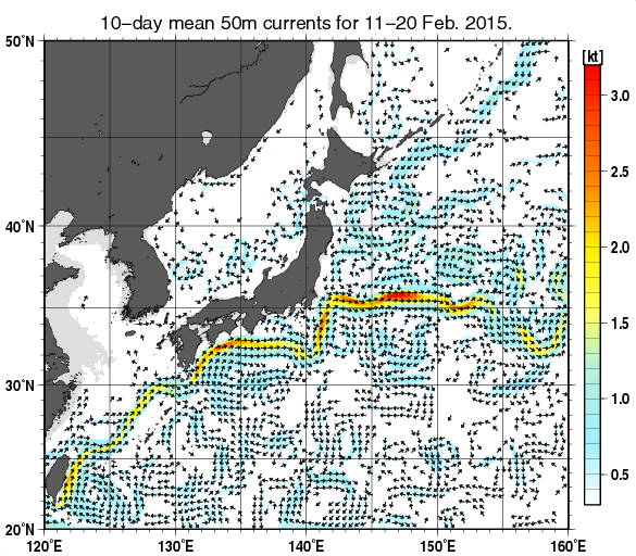 日本近海の深さ50mの旬平均海流分布図（2015年2月中旬）