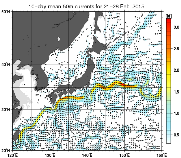 日本近海の深さ50mの旬平均海流分布図（2015年2月下旬）