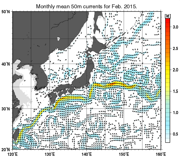 日本近海の深さ50mの月平均海流分布図（2015年2月）