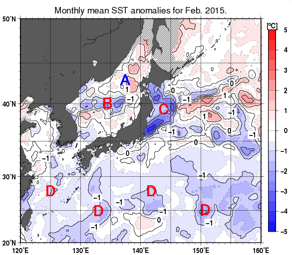 日本近海の月平均海面水温平年差分布図（2015年2月）