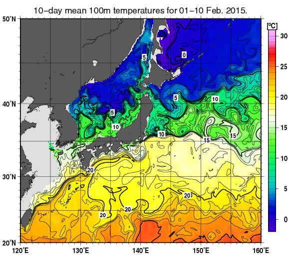 日本近海の深さ100mの旬平均水温分布図（2015年2月上旬）