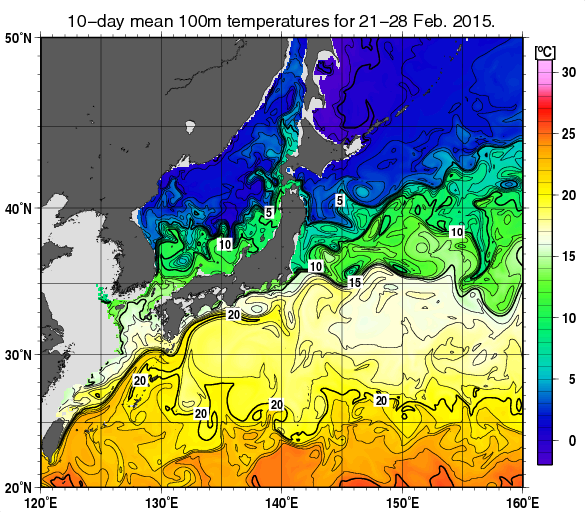 日本近海の深さ100mの旬平均水温分布図（2015年2月下旬）