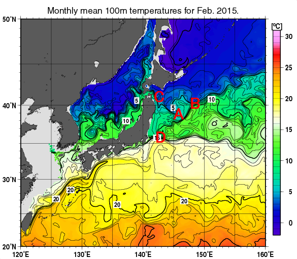 日本近海の深さ100mの月平均水温分布図（2015年2月）
