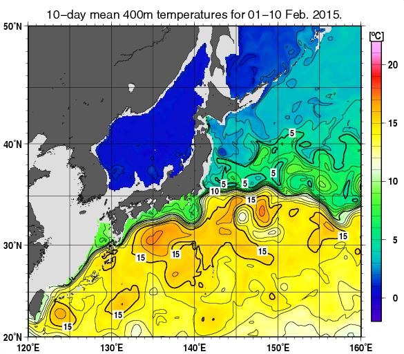日本近海の深さ400mの旬平均水温分布図（2015年2月上旬）