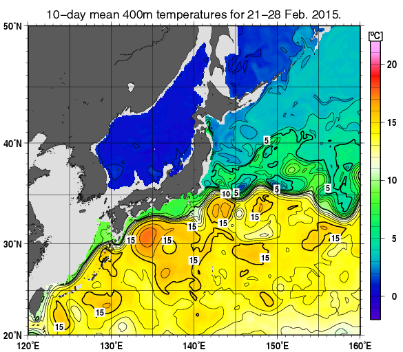 日本近海の深さ400mの旬平均水温分布図（2015年2月下旬）