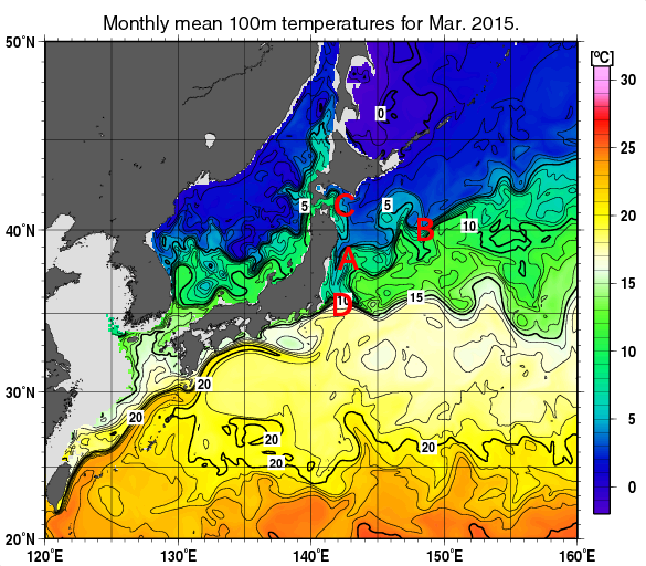 日本近海の深さ100mの月平均水温分布図（2015年3月）