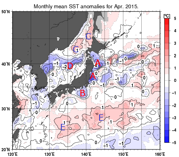 日本近海の月平均海面水温平年差分布図（2015年4月）