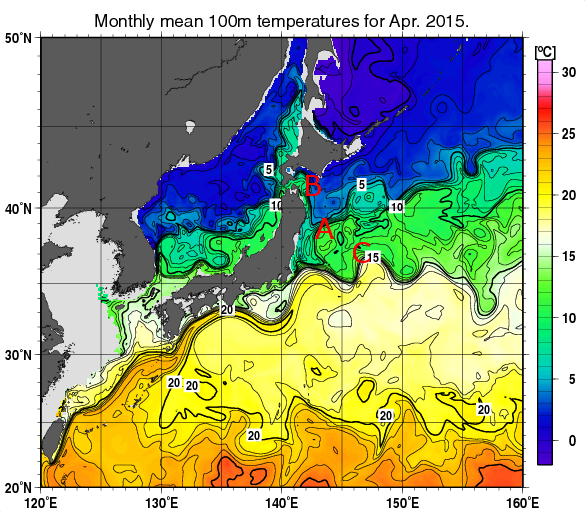 日本近海の深さ100mの月平均水温分布図（2015年4月）