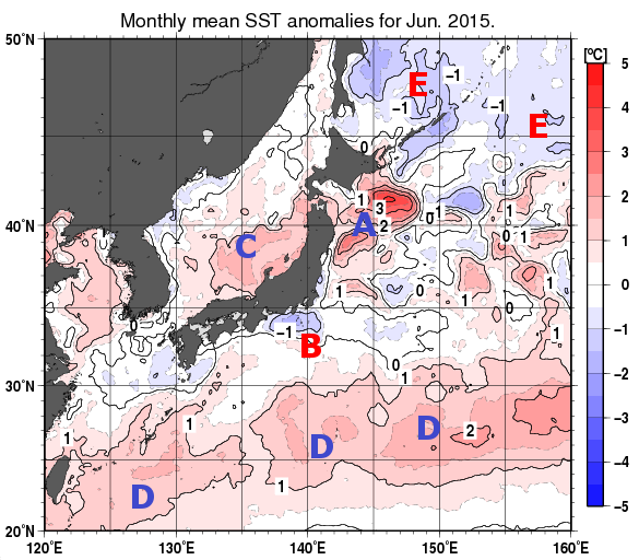 日本近海の月平均海面水温平年差分布図（2015年6月）