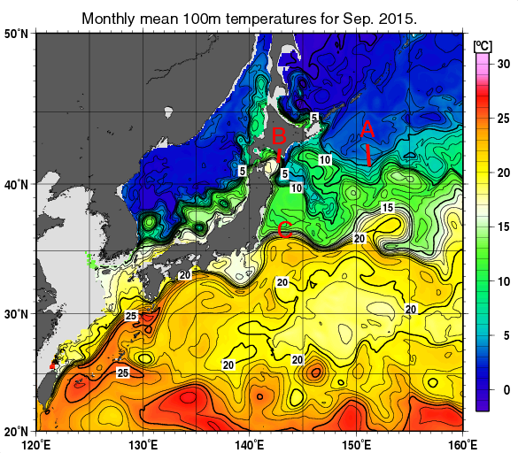 日本近海の深さ100mの月平均水温分布図（2015年9月）