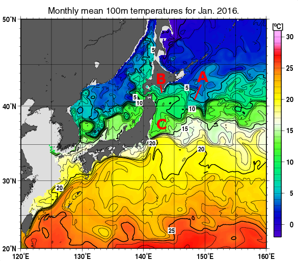 日本近海の深さ100mの月平均水温分布図（2016年1月）