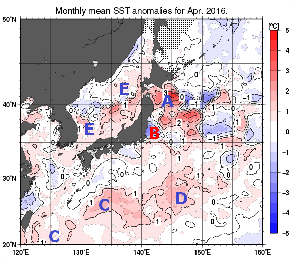 日本近海の月平均海面水温平年差分布図（2016年4月）