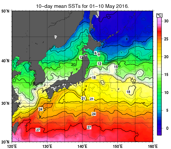 日本近海の旬平均海面水温分布図（2016年5月上旬）