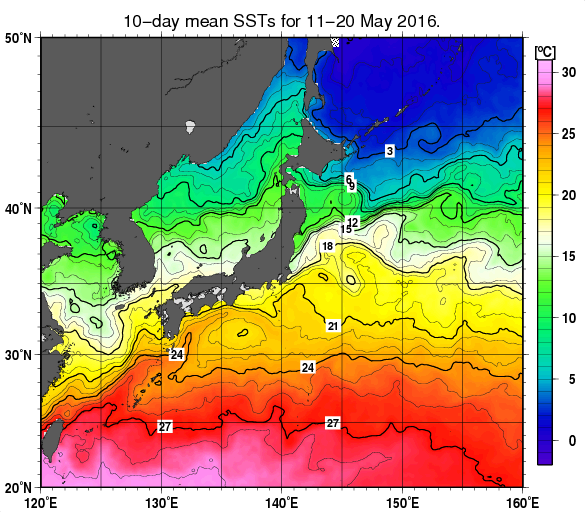 日本近海の旬平均海面水温分布図（2016年5月中旬）