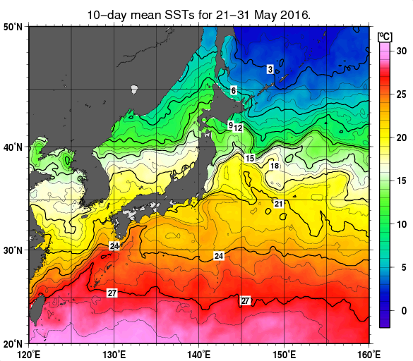 日本近海の旬平均海面水温分布図（2016年5月下旬）