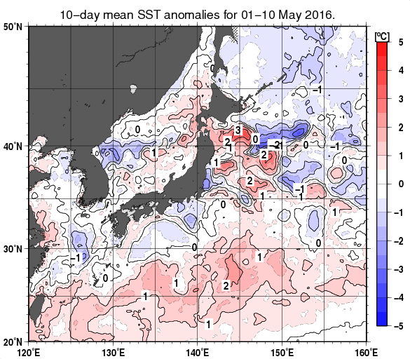 日本近海の旬平均海面水温平年差分布図（2016年5月上旬）