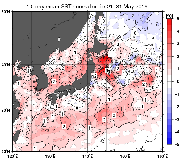 日本近海の旬平均海面水温平年差分布図（2016年5月下旬）