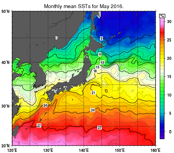日本近海の月平均海面水温分布図（2016年5月）