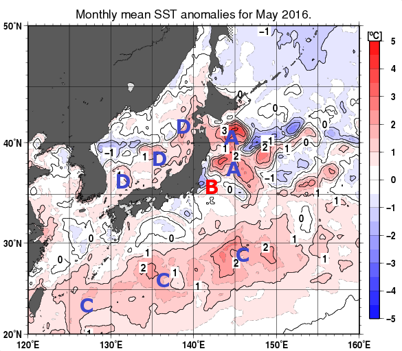 日本近海の月平均海面水温平年差分布図（2016年5月）