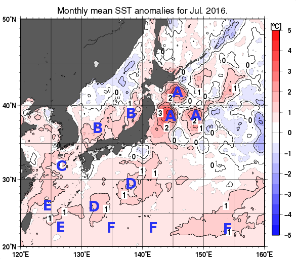 日本近海の月平均海面水温平年差分布図（2016年7月）