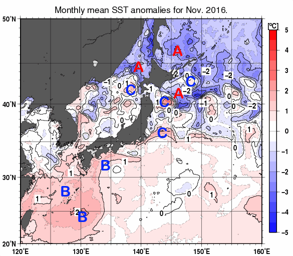 日本近海の月平均海面水温平年差分布図（2016年11月）