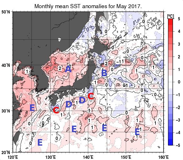 日本近海の月平均海面水温平年差分布図（2017年5月）