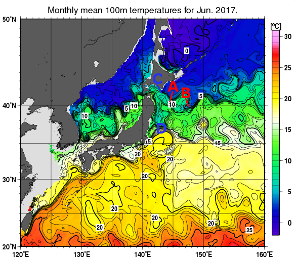 日本近海の深さ100mの月平均水温分布図（2017年6月）