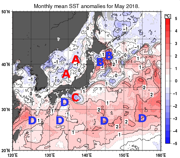 日本近海の月平均海面水温平年差分布図（2018年5月）