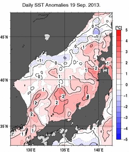 日本海の海面水温平年差分布図（9月19日）