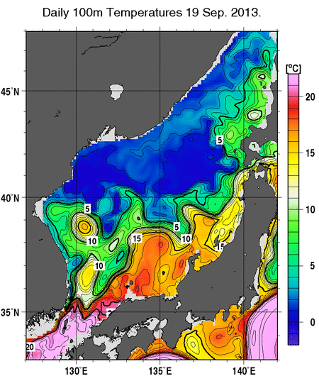 日本海の深さ100mの水温分布図（9月19日）
